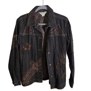 Orvis Vintage Unique Wood Beaded Embroidered Black Cotton Denim Jacket Size S